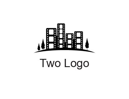 film reel buildings with trees logo