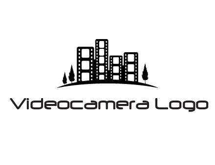 film reel buildings with trees logo