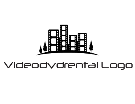 film reel buildings with trees logo