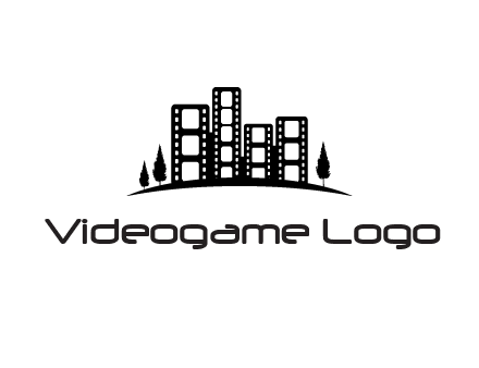 film reel buildings with trees logo