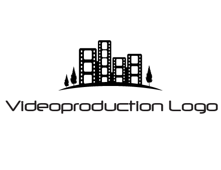 film reel buildings with trees logo
