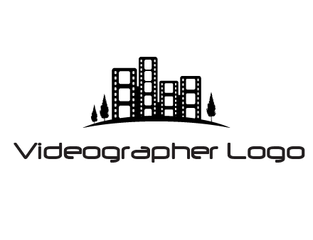 film reel buildings with trees logo