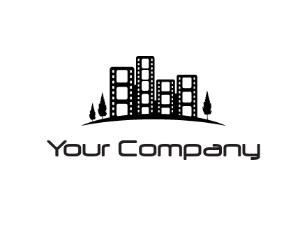 film reel buildings with trees logo