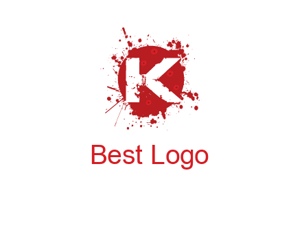 letter k inside blood splash with bullet holes logo