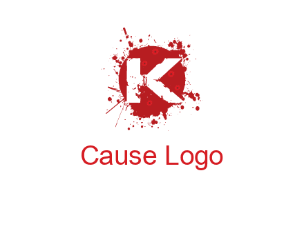 letter k inside blood splash with bullet holes logo