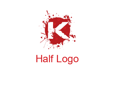 letter k inside blood splash with bullet holes logo