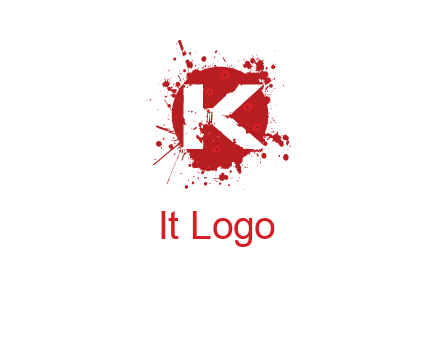 letter k inside blood splash with bullet holes logo