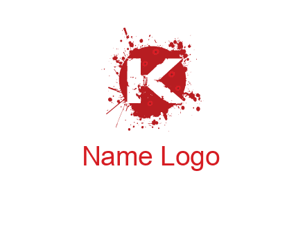 letter k inside blood splash with bullet holes logo