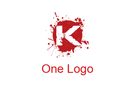 letter k inside blood splash with bullet holes logo