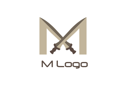 two cross swords between letter M logo