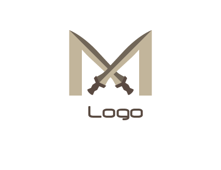 two cross swords between letter M logo