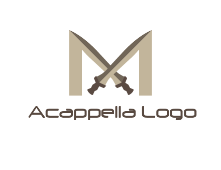 two cross swords between letter M logo