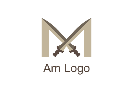 two cross swords between letter M logo