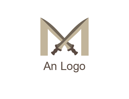 two cross swords between letter M logo