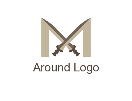 two cross swords between letter M logo