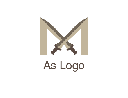 two cross swords between letter M logo