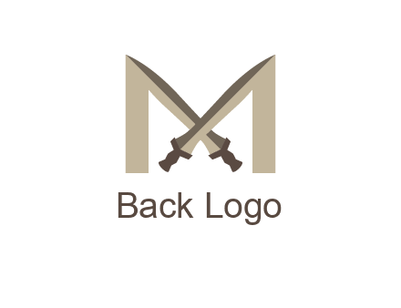two cross swords between letter M logo