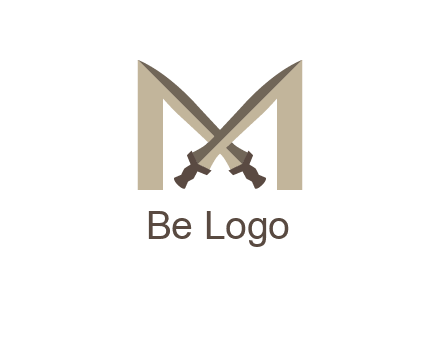 two cross swords between letter M logo