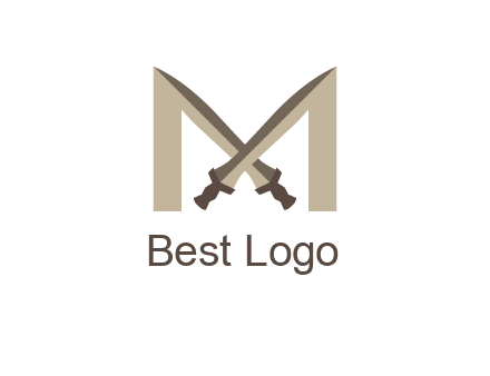 two cross swords between letter M logo