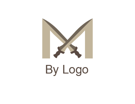 two cross swords between letter M logo