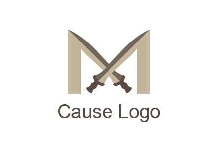 two cross swords between letter M logo
