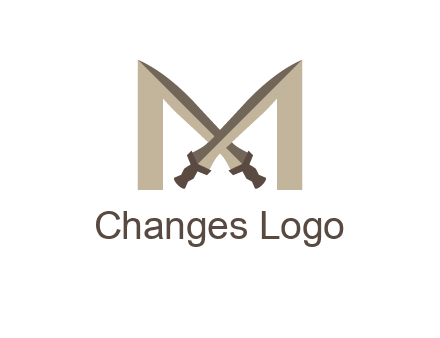 two cross swords between letter M logo