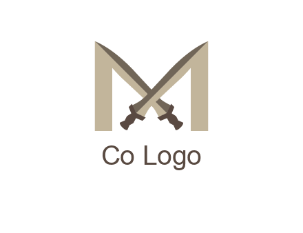 two cross swords between letter M logo