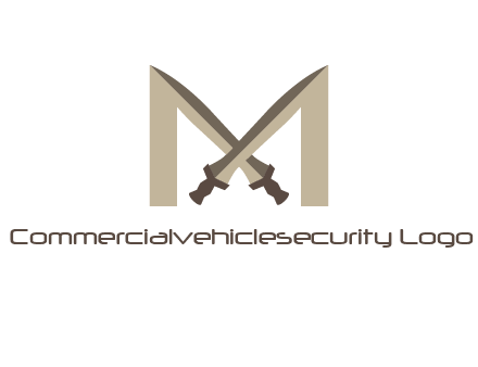 two cross swords between letter M logo