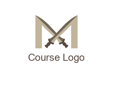 two cross swords between letter M logo