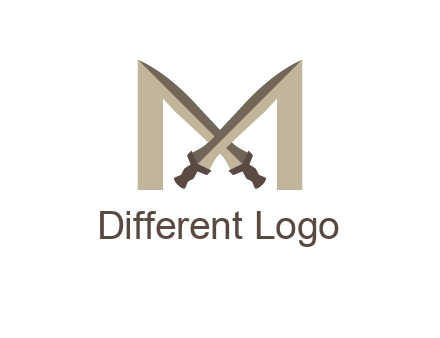 two cross swords between letter M logo