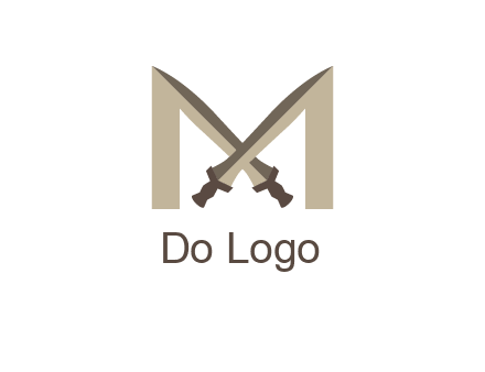 two cross swords between letter M logo