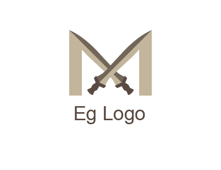 two cross swords between letter M logo