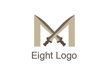 two cross swords between letter M logo