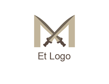 two cross swords between letter M logo