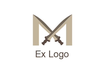 two cross swords between letter M logo