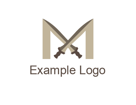 two cross swords between letter M logo