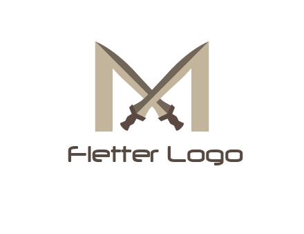two cross swords between letter M logo