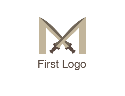 two cross swords between letter M logo