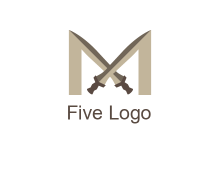 two cross swords between letter M logo