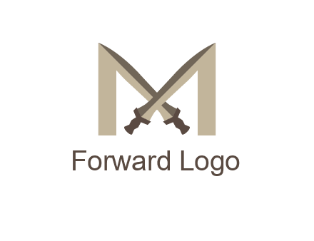 two cross swords between letter M logo