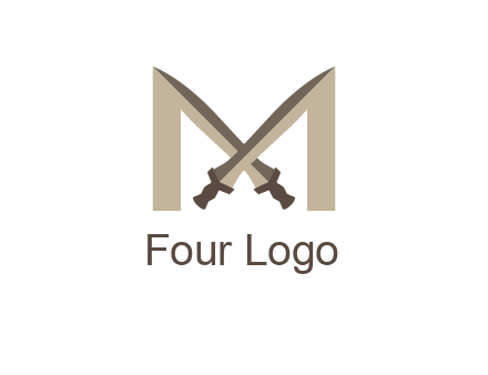 two cross swords between letter M logo