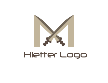 two cross swords between letter M logo