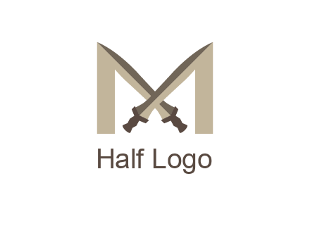 two cross swords between letter M logo