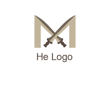 two cross swords between letter M logo