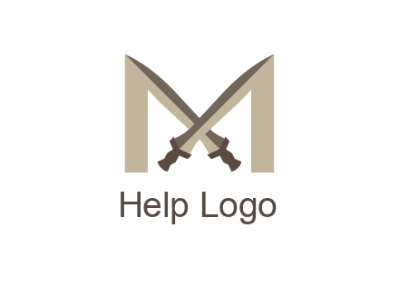 two cross swords between letter M logo