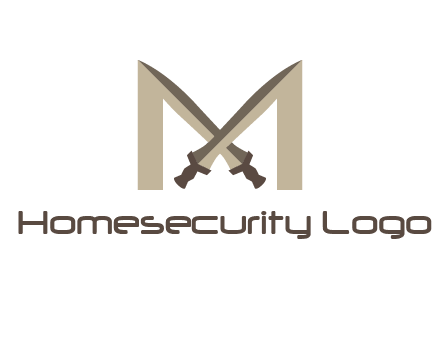 two cross swords between letter M logo
