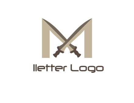 two cross swords between letter M logo