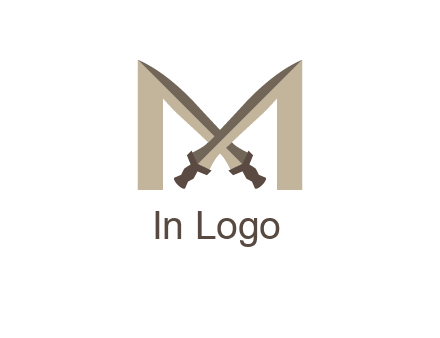 two cross swords between letter M logo