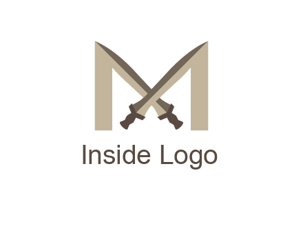 two cross swords between letter M logo