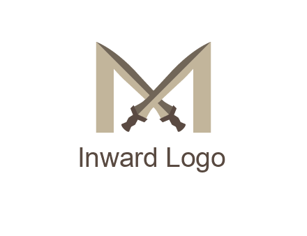 two cross swords between letter M logo